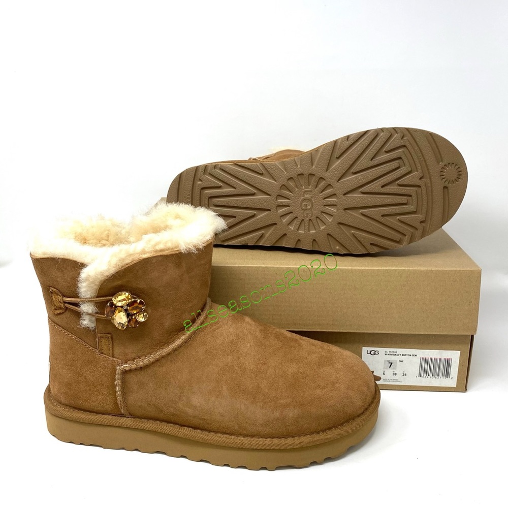 UGG Mini Bailey Button Women’s Boots Che Tan Suede - Picture 9 of 11